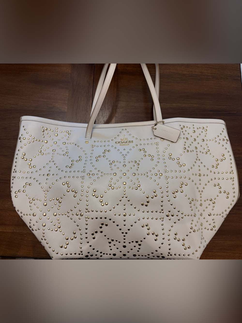 Coach White Tote With Gold Floral Studs